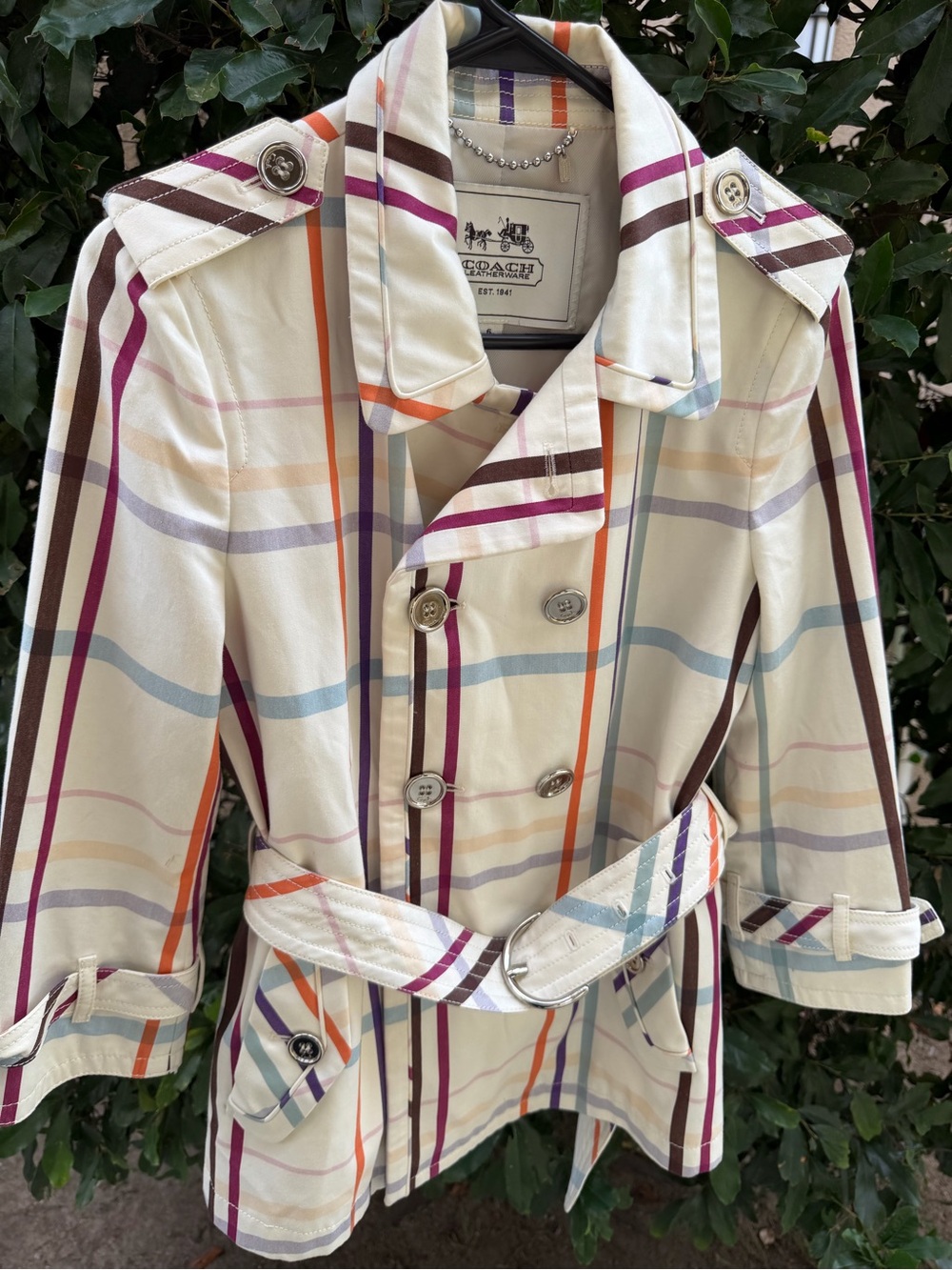 Coach Cream Plaid coat size 6